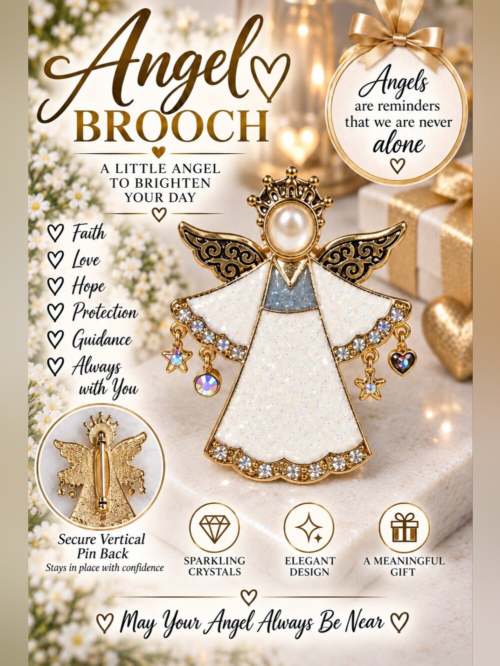 606 Sparkling Gold & White Angel Brooch Pin - Elegant Women's Jewelry